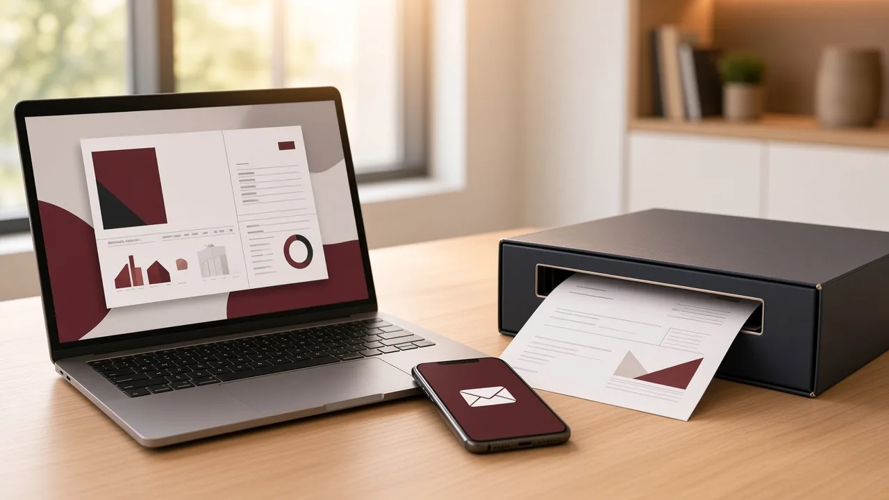 Laptop showing an electronic invoice and a phone with an email notification
