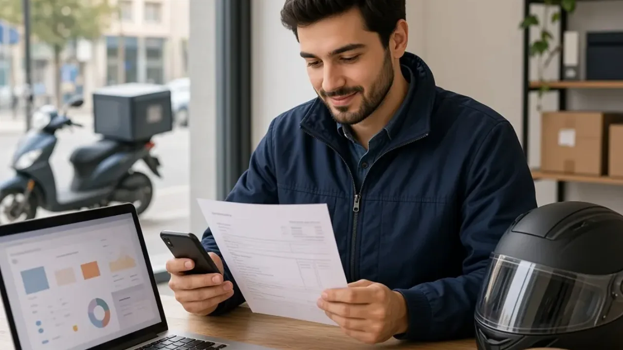 Independent motorcycle courier checking an invoice and earnings statement