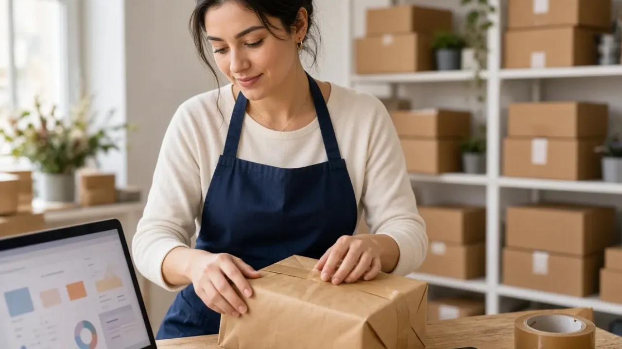 E-ticaret satıcısı pazaryeri siparişini paketliyor