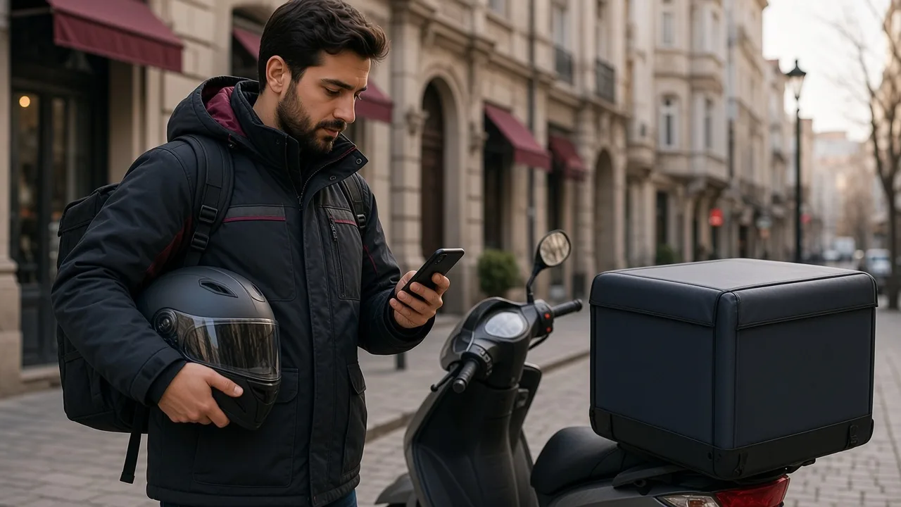 Motokurye teslimat motosikletinin yanında telefonunu kontrol ediyor