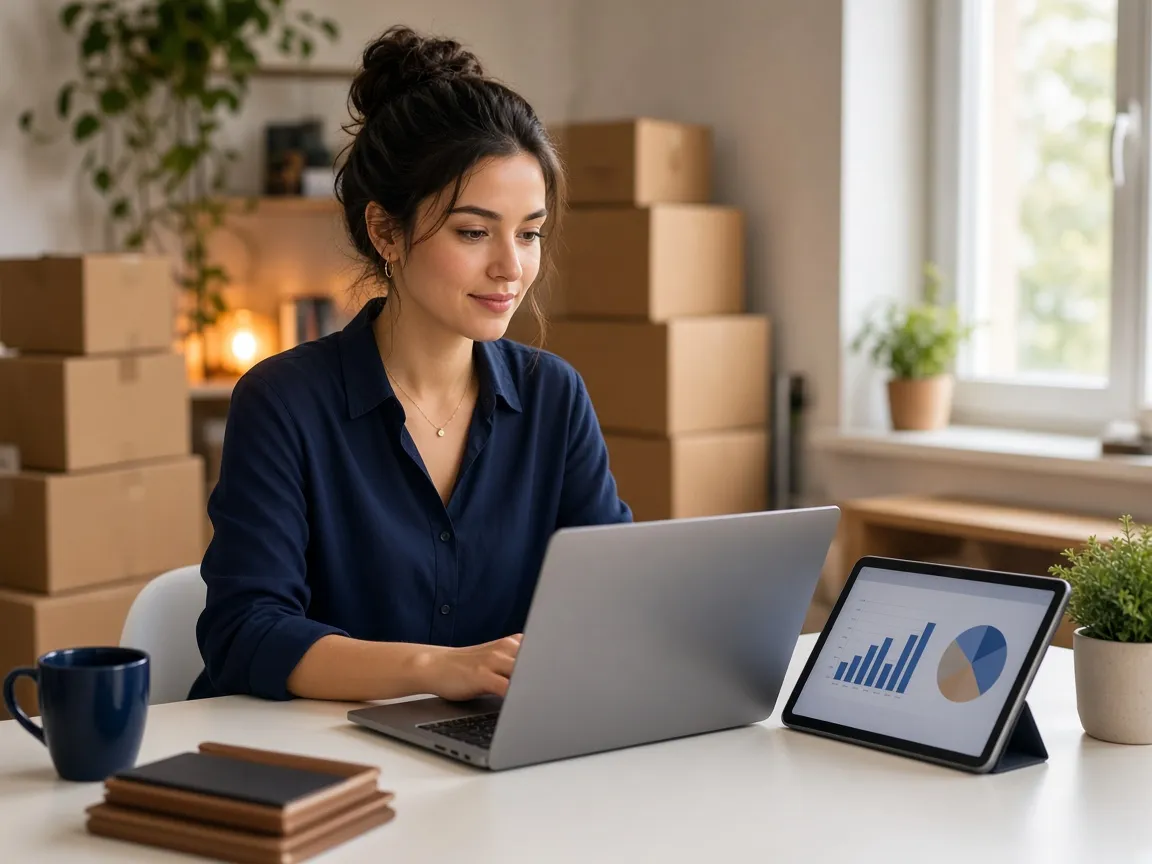 E-commerce entrepreneur reviewing online sales reports on a laptop