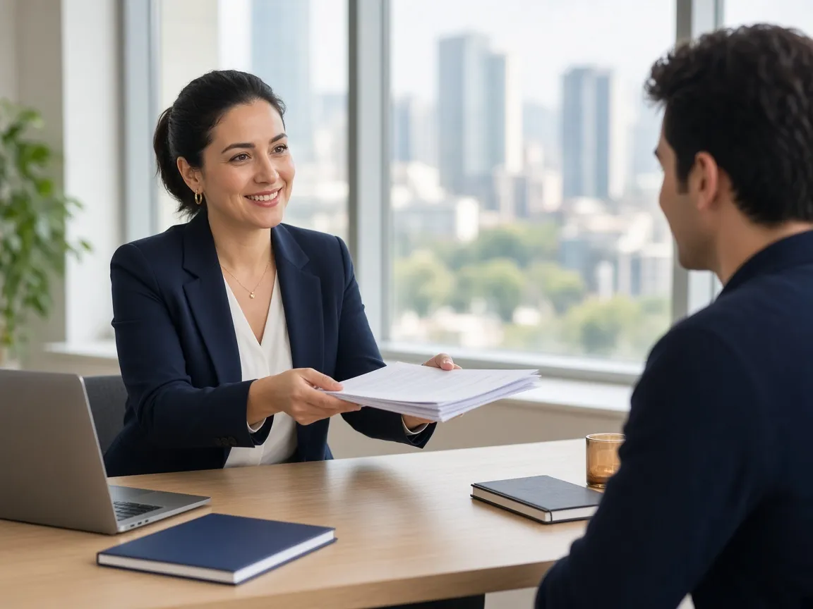 Financial advisor handing company formation documents to an entrepreneur