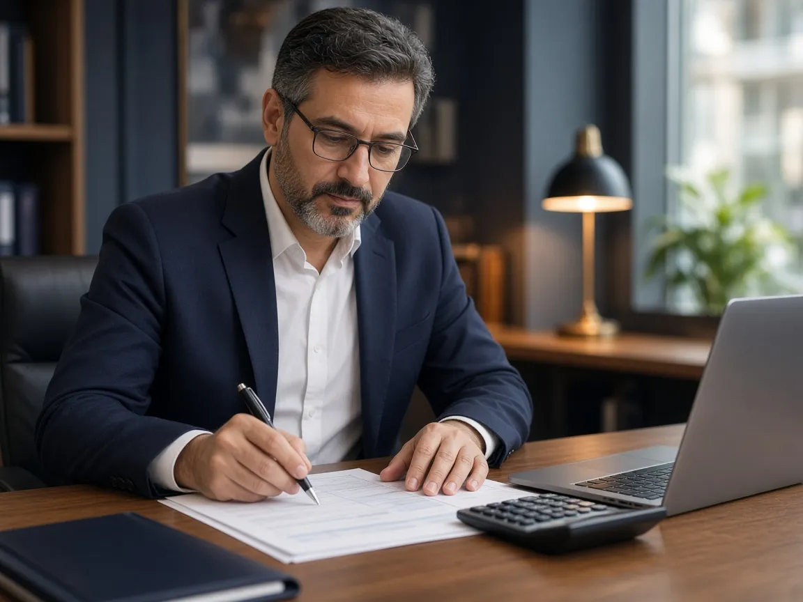 Vergi planlaması için beyanname ve hesaplamaları inceleyen uzman